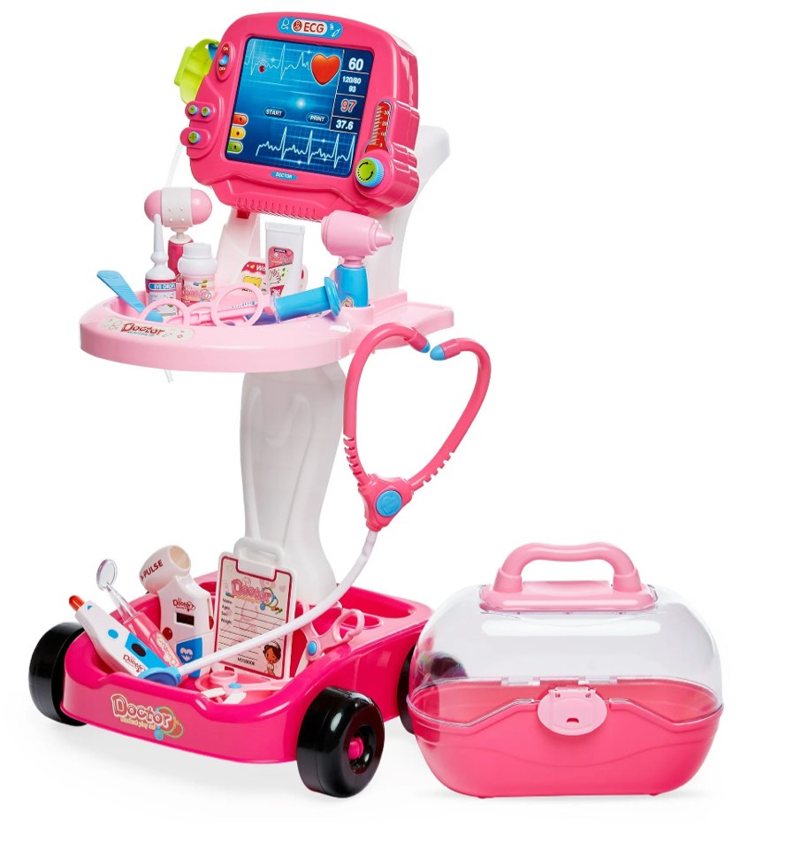 best choice products play doctor kit for kids, pretend medical station set with carrying case, mobile cart - pink