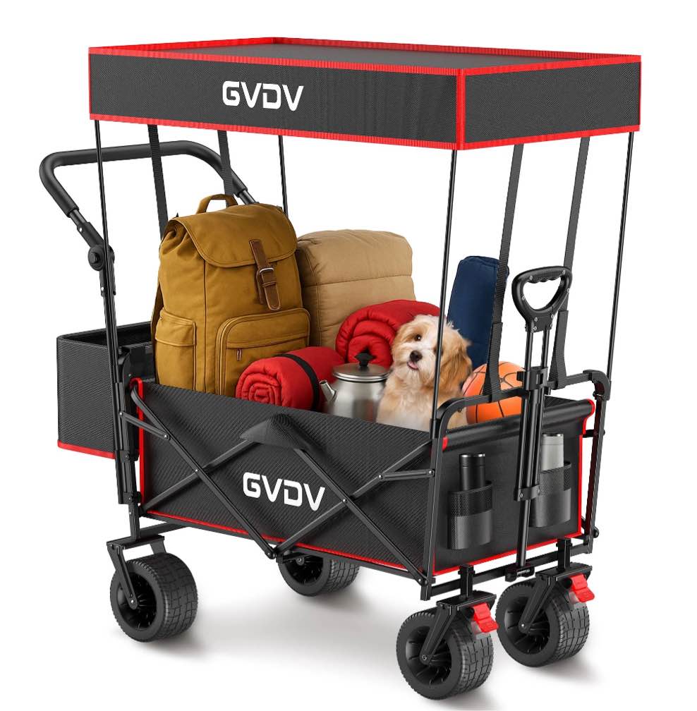 gvdv collapsible wagon cart with removable canopy, foldable utility cart with all-terrain wheels, versatile folding wagon for kids, grocery, shopping and camping, black