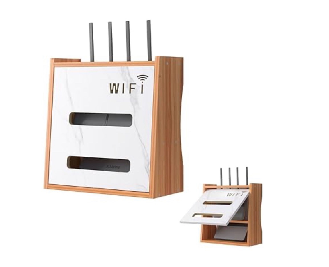 Wooden Router Shelf Wall Mount WiFi Router Storage Box, Modem Rack Power Strip Cable Management Hider Organizer for Office and Home (Cherry Wood Color)