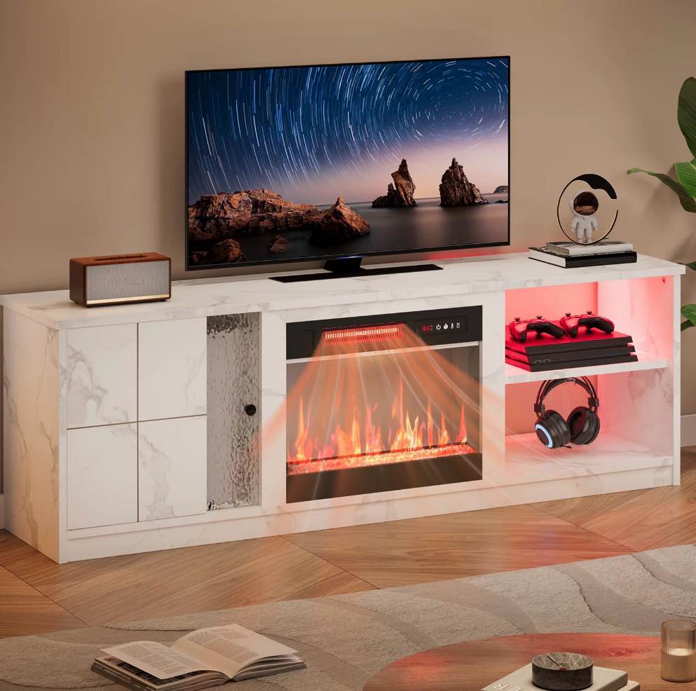 Pinmoco Electric Fireplace TV Stand for TVs up to 70", LED Entertainment Center With Cabinet & Shelves, TV Media Console Table for Living Room, Bedroom, White Marble