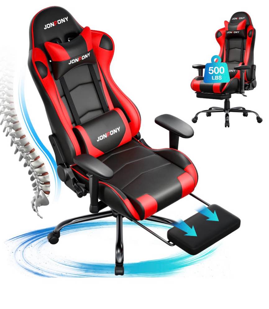 JONPONY Big and Tall 500LBS Gaming Chair, Ergonomic Design, Gamer Chair PU Leather with Footrest and Lumbar Support, High Back Office Chair Support 8 Hours Long Sitting,Red Computer Chair,Red