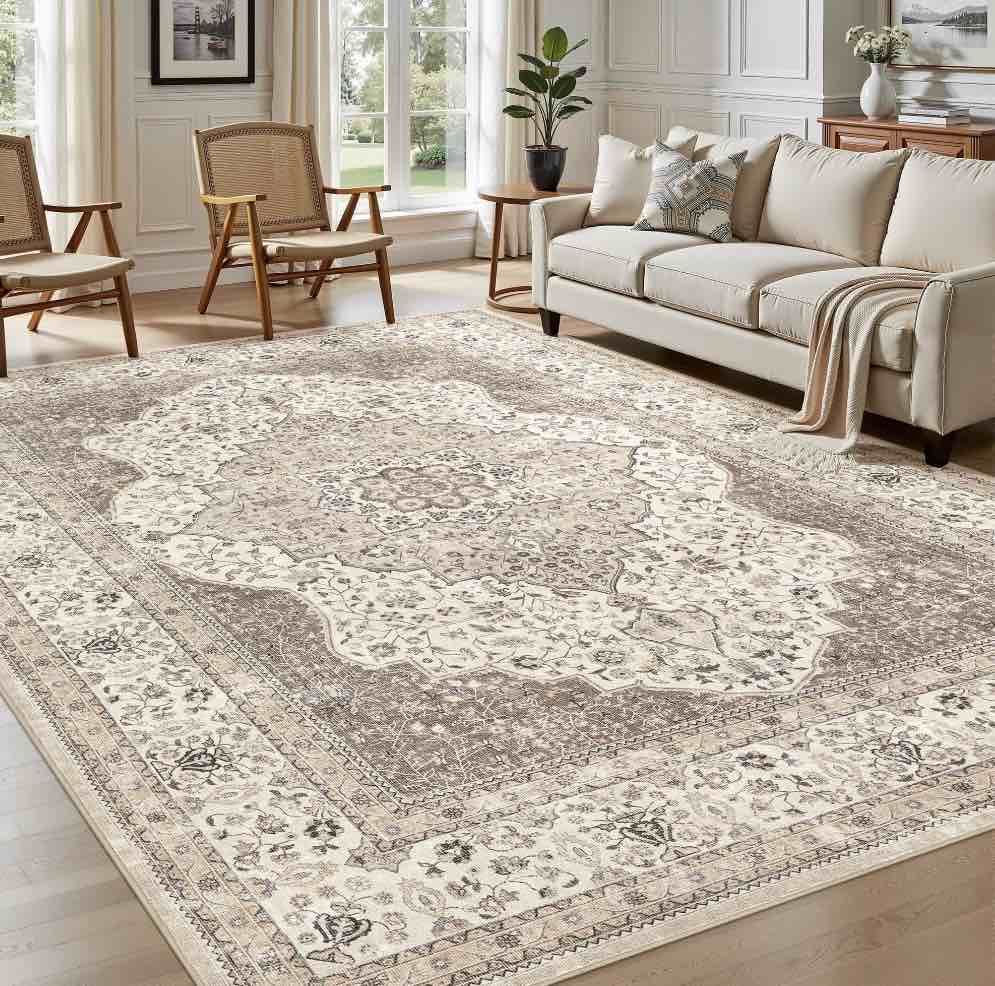 UERMEI 9'x12' Washable Area Rugs for Living Room, Vintage Floral Boho Printed Carpet, Non Slip Indoor Rug for Bedroom Home Decor Carpets - Brown