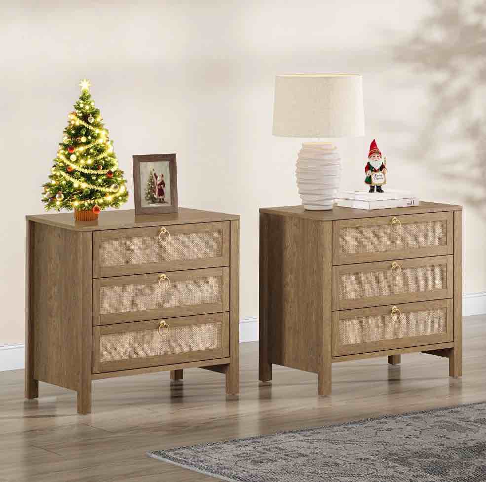 SICOTAS 26.78"W Boho Night Stands Set of 2 for Narrow Spaces, 25.67" Tall Rattan Nightstands with 3 Drawers , Large Bedside Table Wood End Table for Bedroom Living Room Hallway,Cherry Oak
