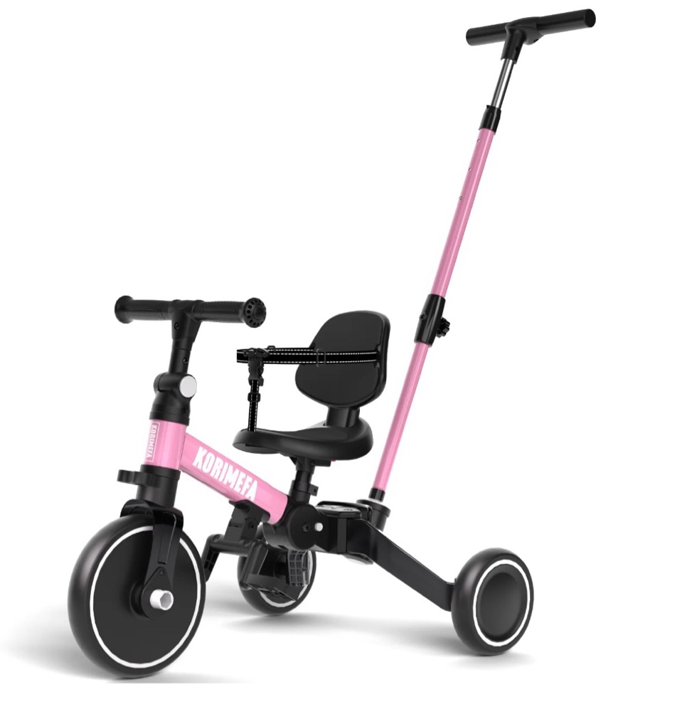 KORIMEFA 5-in-1 Toddler Bike with Push Handle for 1 Year to 4 Years Old Kids, Folding Toddler Tricycle Kids Trikes Tricycle, Gift & Toys for Boy Girl, Balance Training, Removable Pedals,Pink