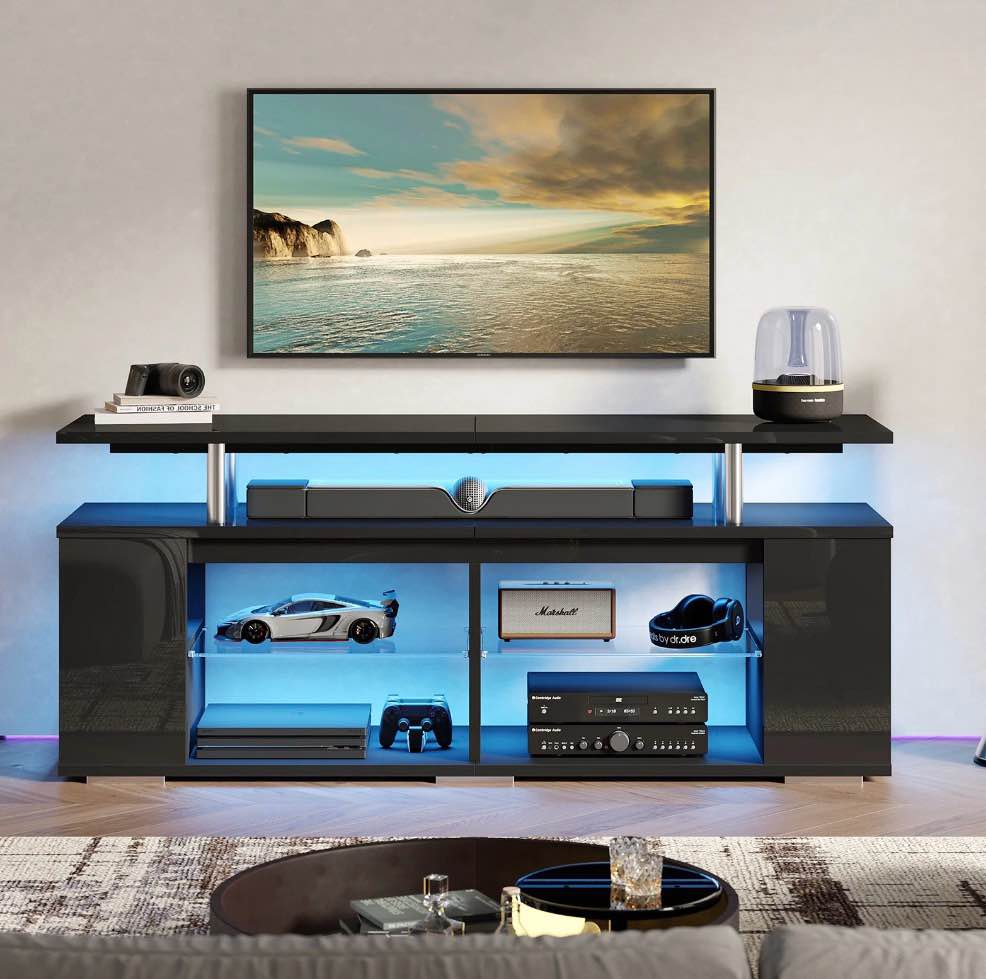 Pinmoco LED TV Stand for TVs up to 70", High Gloss Large Gaming Entertainment Center with Adjustable Shelf PS5 Storage TV Cabinet, Black