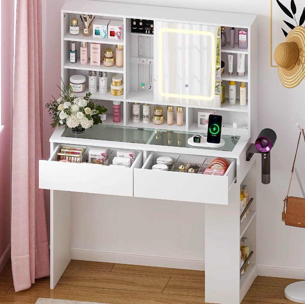 ktaxon makeup vanity w/ visible glass top, get ready with me vanity with mirror, led sliding mirror,white