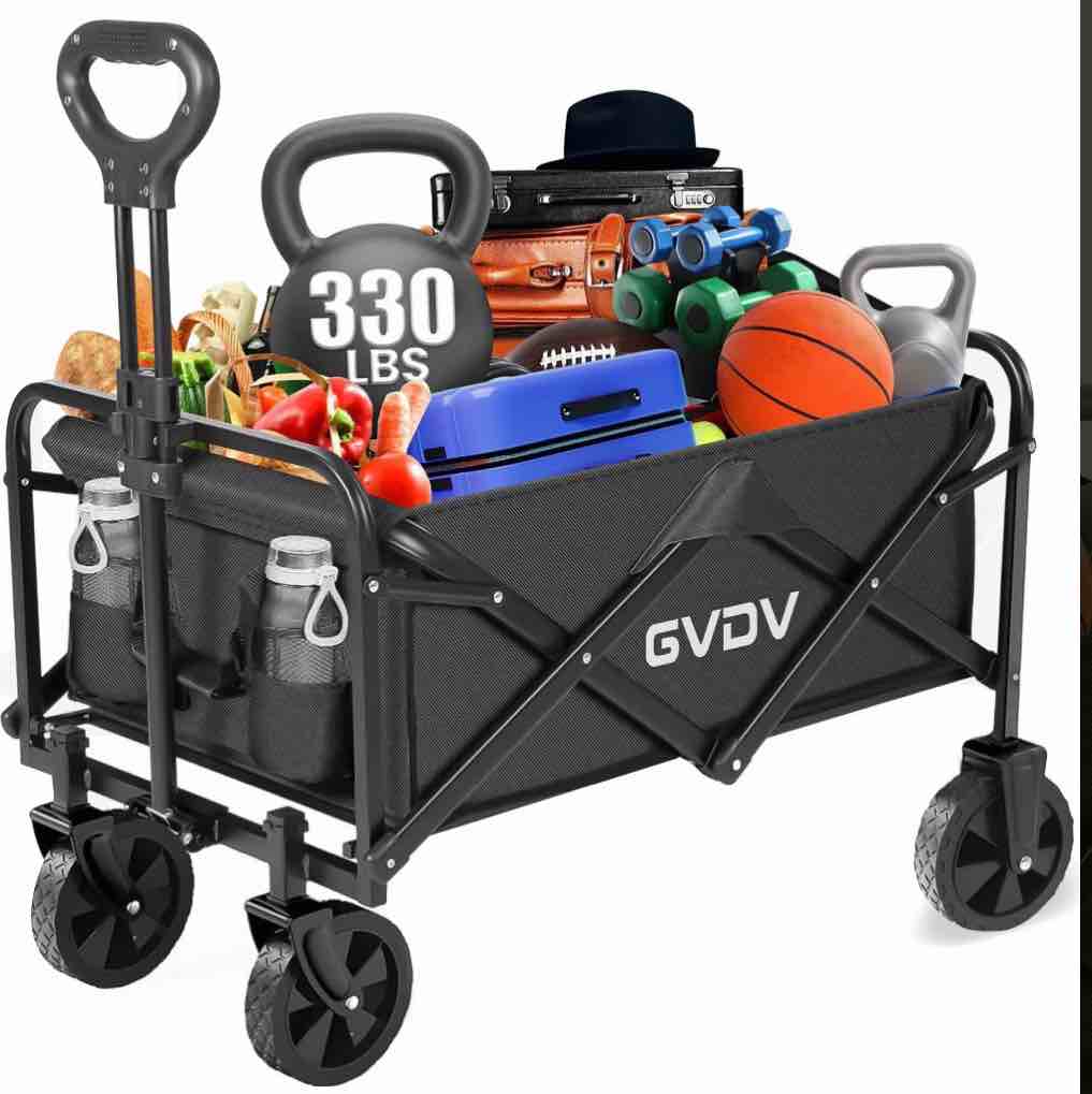 gvdv collapsible wagon cart, portable utility wagon for camping, beach, picnic, shopping, sports, and grocery transport, black