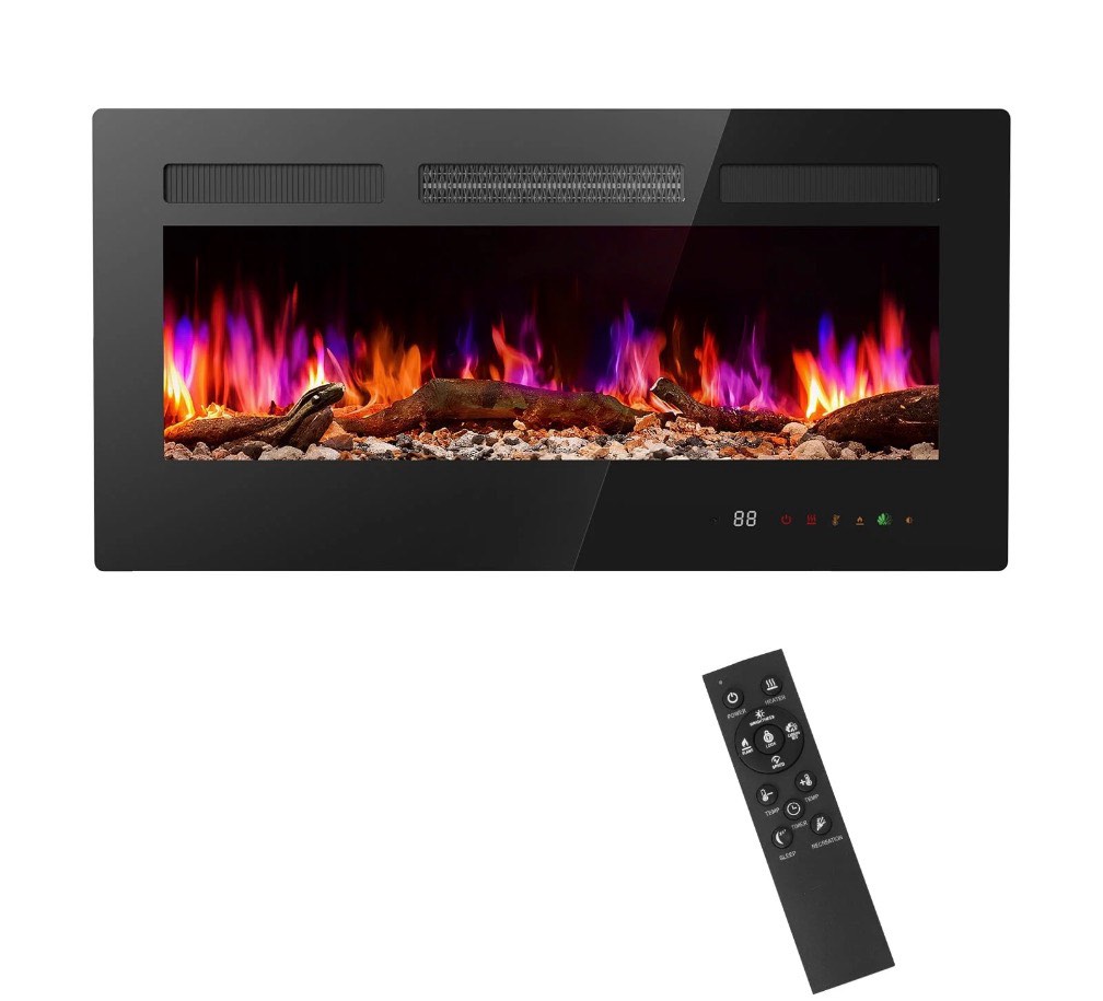 mcq 36 inches electric fireplace, 5000btu, 1500w/750w wall-mounted, recessed, freestanding, home heater with touch screen remote control, 12h timer, black