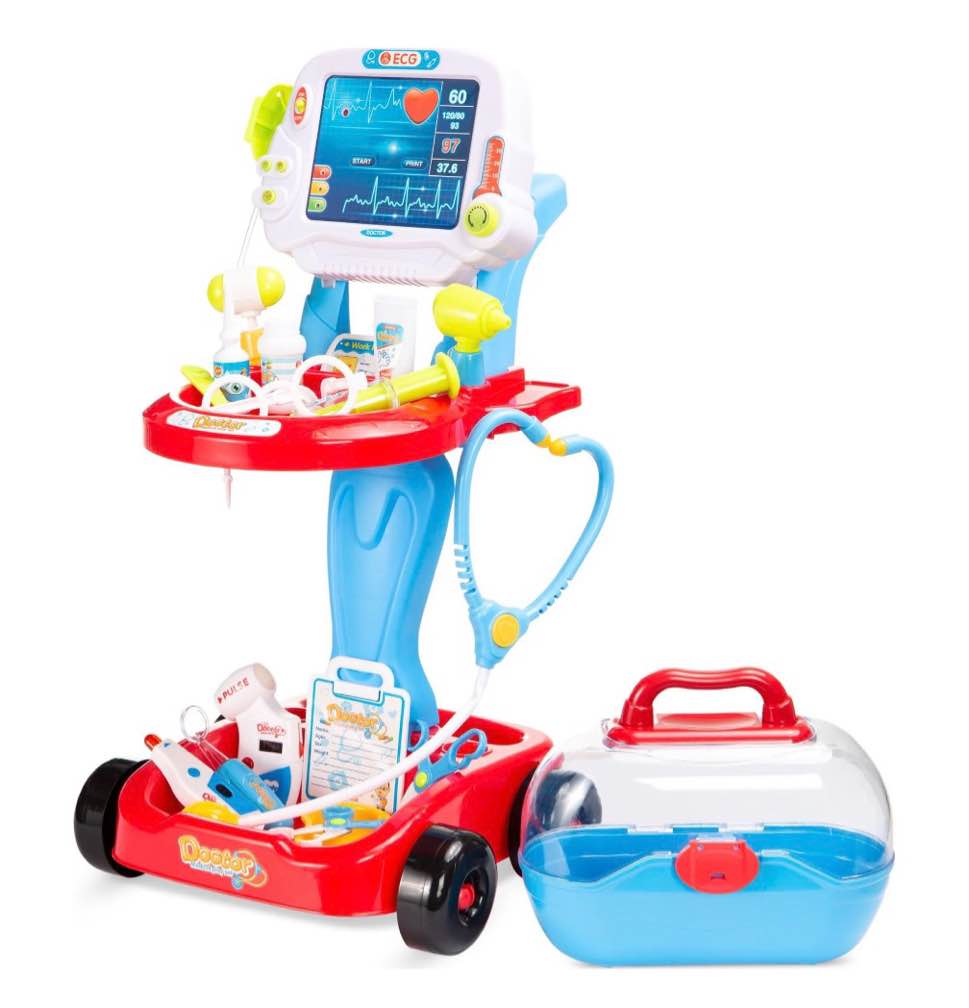 best choice products play doctor kit for kids, pretend medical station set with carrying case, mobile cart - blue