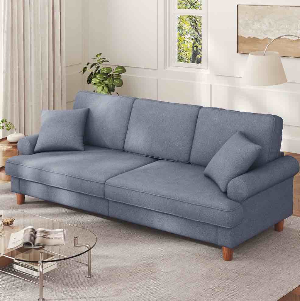 87" sofa couch, comfy extra deep seat 3 seater couch for living room with soft upholstered round arms,free 2 pillows,grey