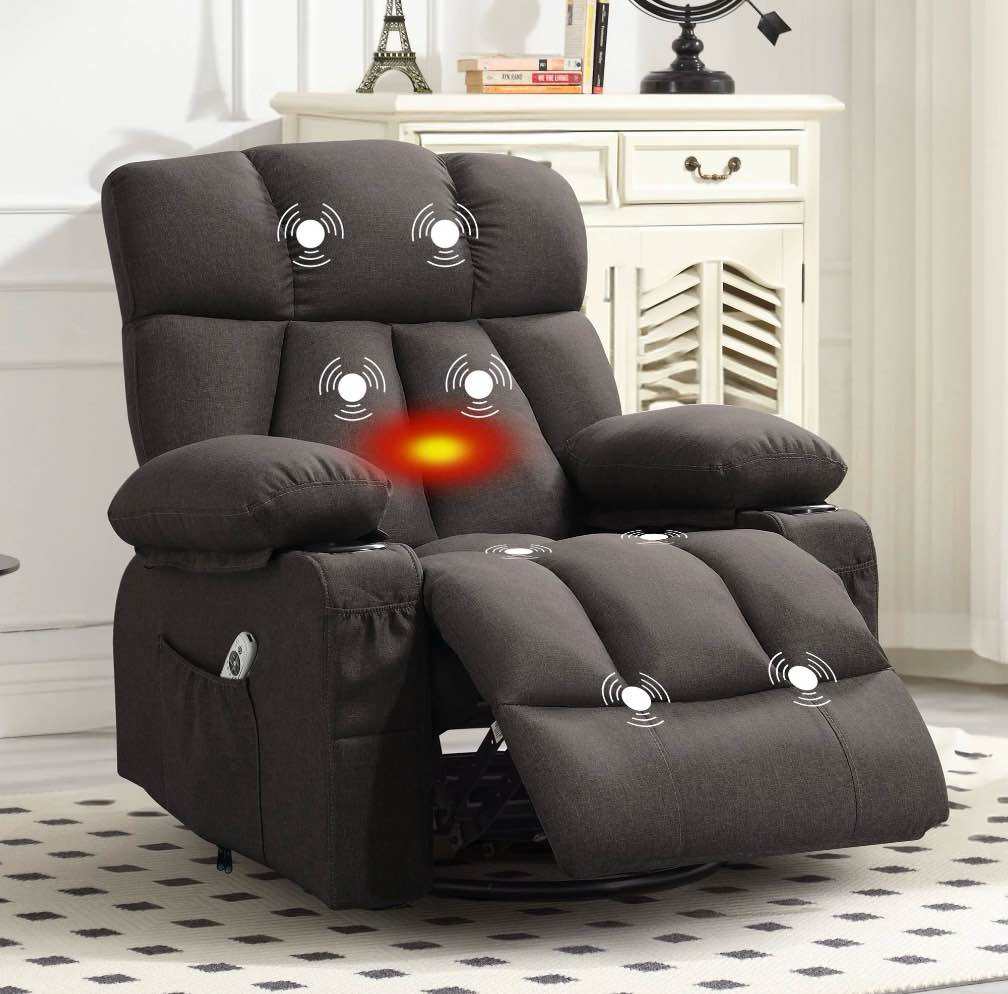 jonpony massage rocker recliner chair with vibration massage and heat ergonomic lounge chair for living room with rocking function and side pocket, 2 cup holders, usb charge port,black