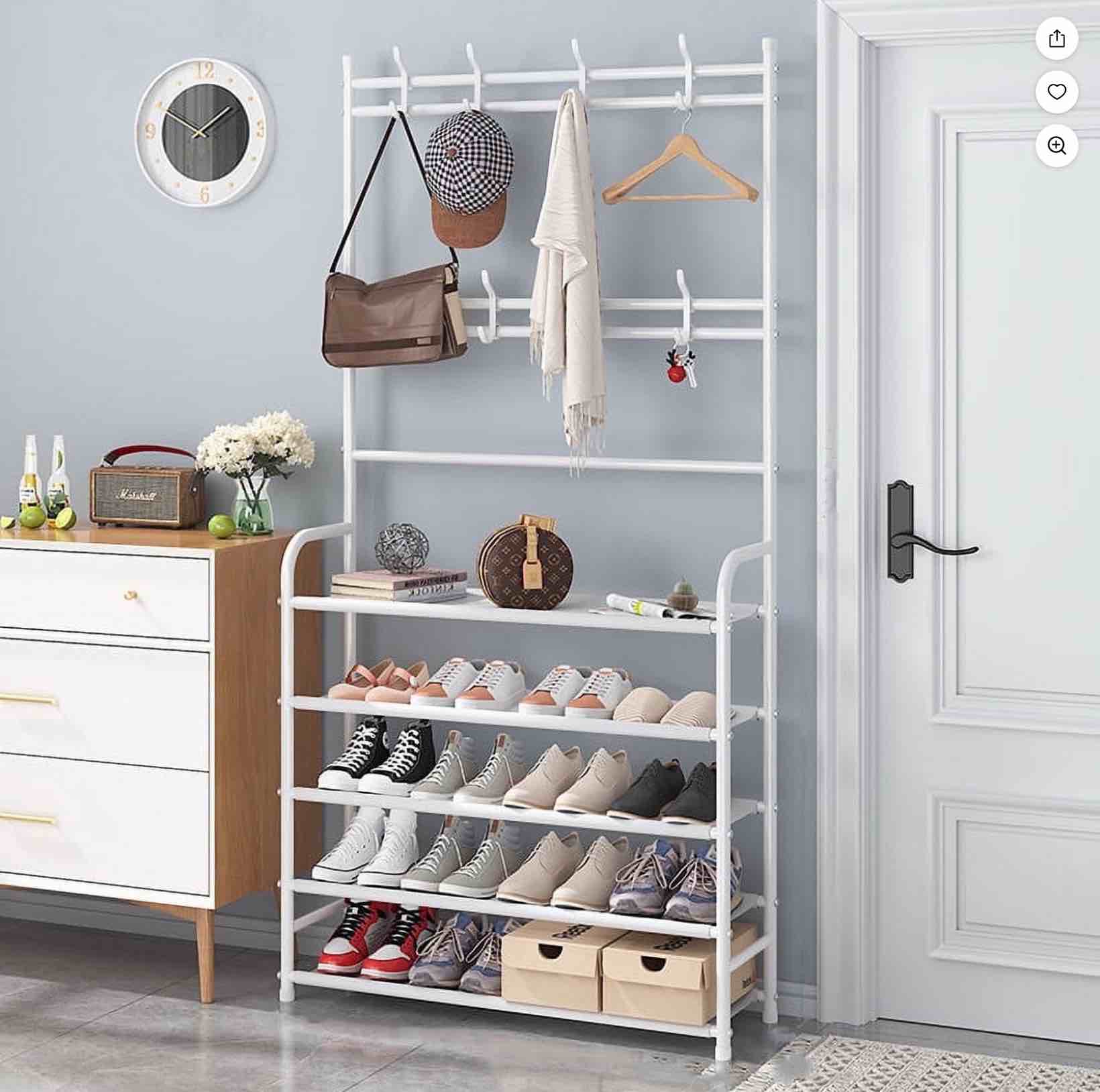 honeier coat rack, coat rack stand with 8 removable hooks and 5 storage shelves, modern industrial style coat rack stand for entryway hallway 31*10*67 inch hall tree shoe rack, white