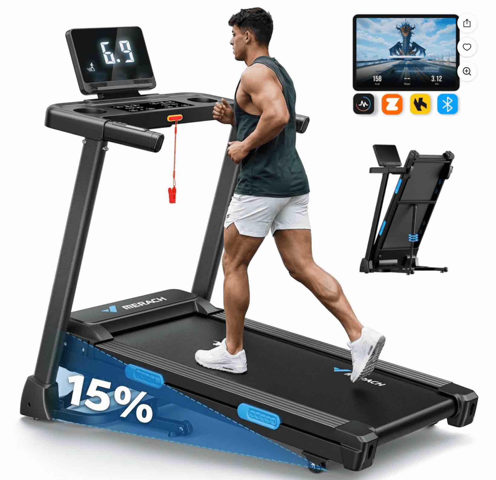 MERACH Folding Treadmill with 15% Auto Incline, Fitness Treadmill for Home with APP, 300 lbs Capacity