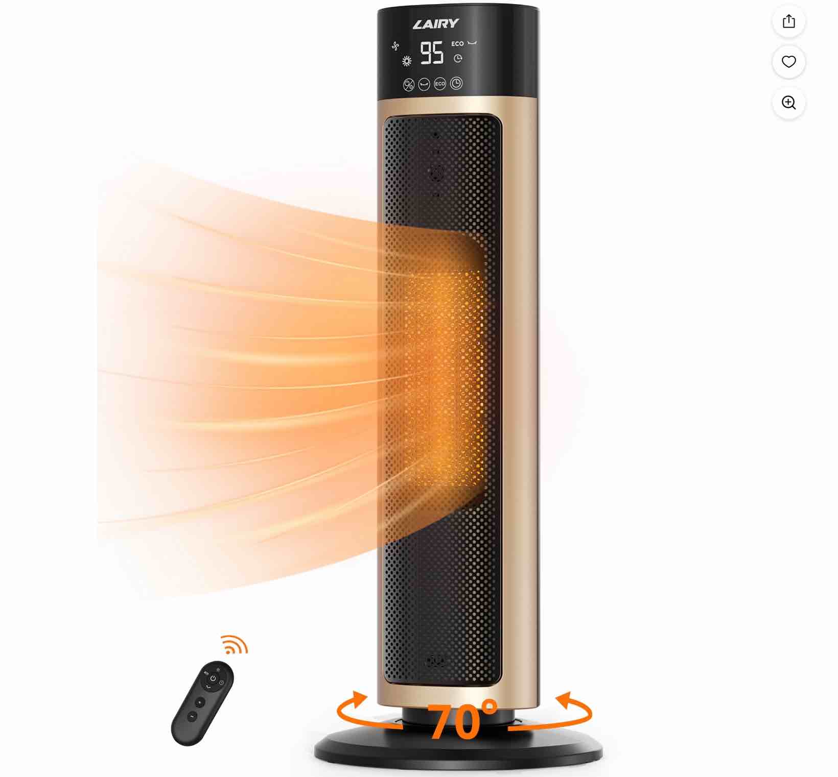 lairy 1500w space heater large room,24 inch electric tower heaters with remote, adjustable thermostat, black gold