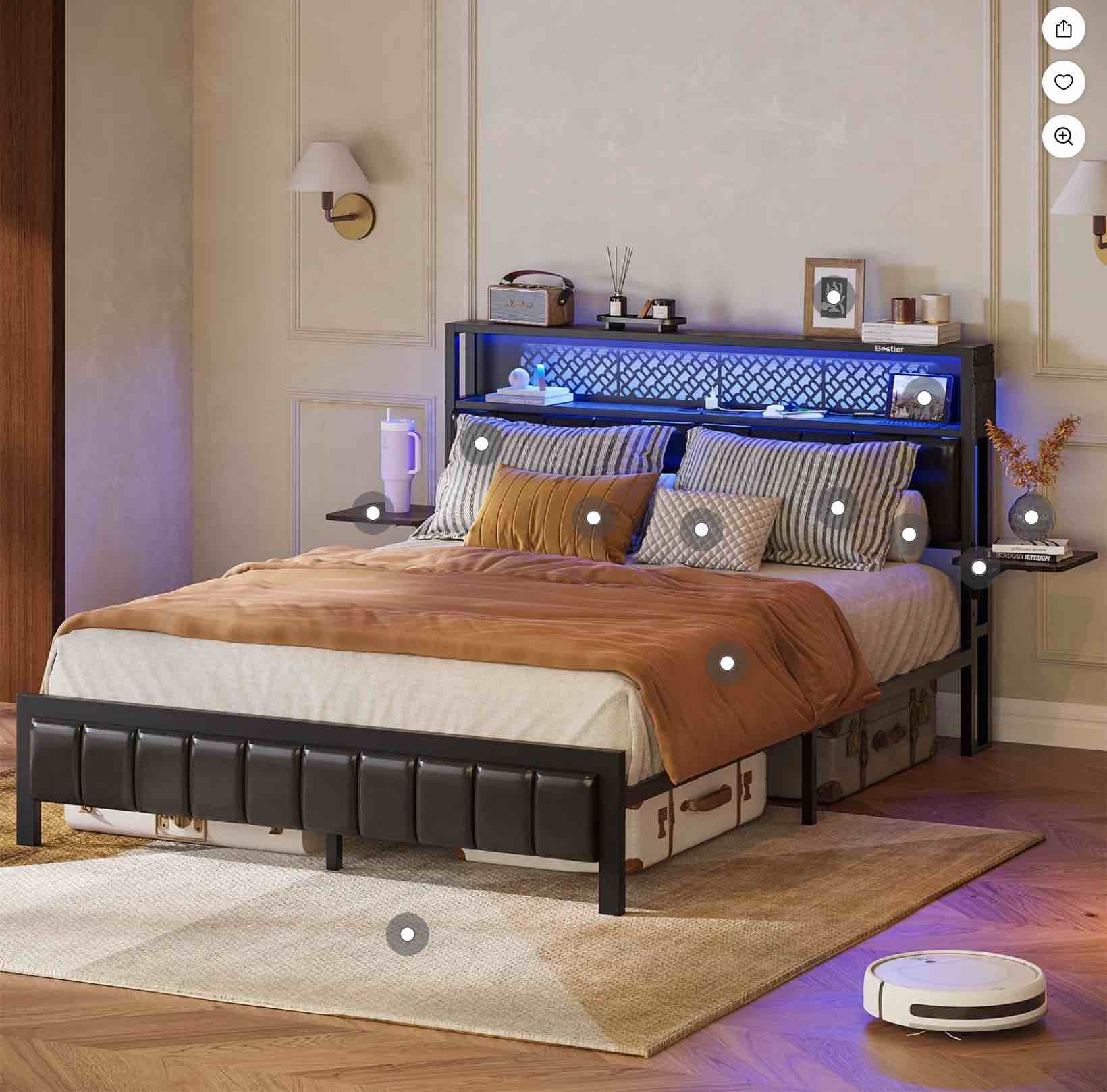 bestier queen size bed frame upholstered led platform bed with foldable trip shelves and storage headboard charge station, walnut