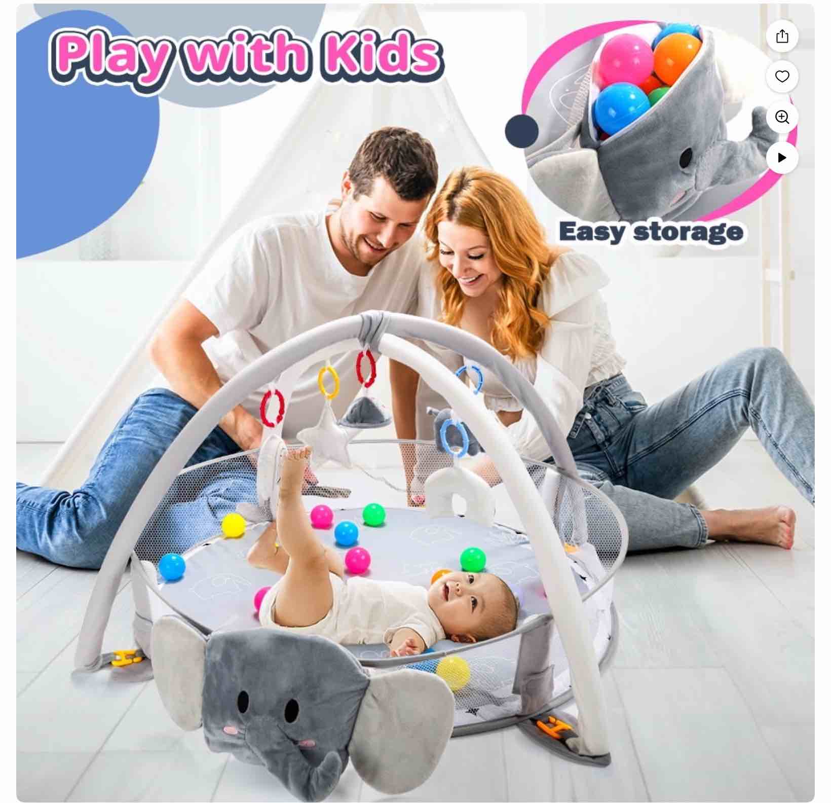 JoyStone 5-in-1 Elephant Baby Gym Play Mat with 30 Balls, Tummy Time Toys, Sensory Mat for Infants 0-12 Months
