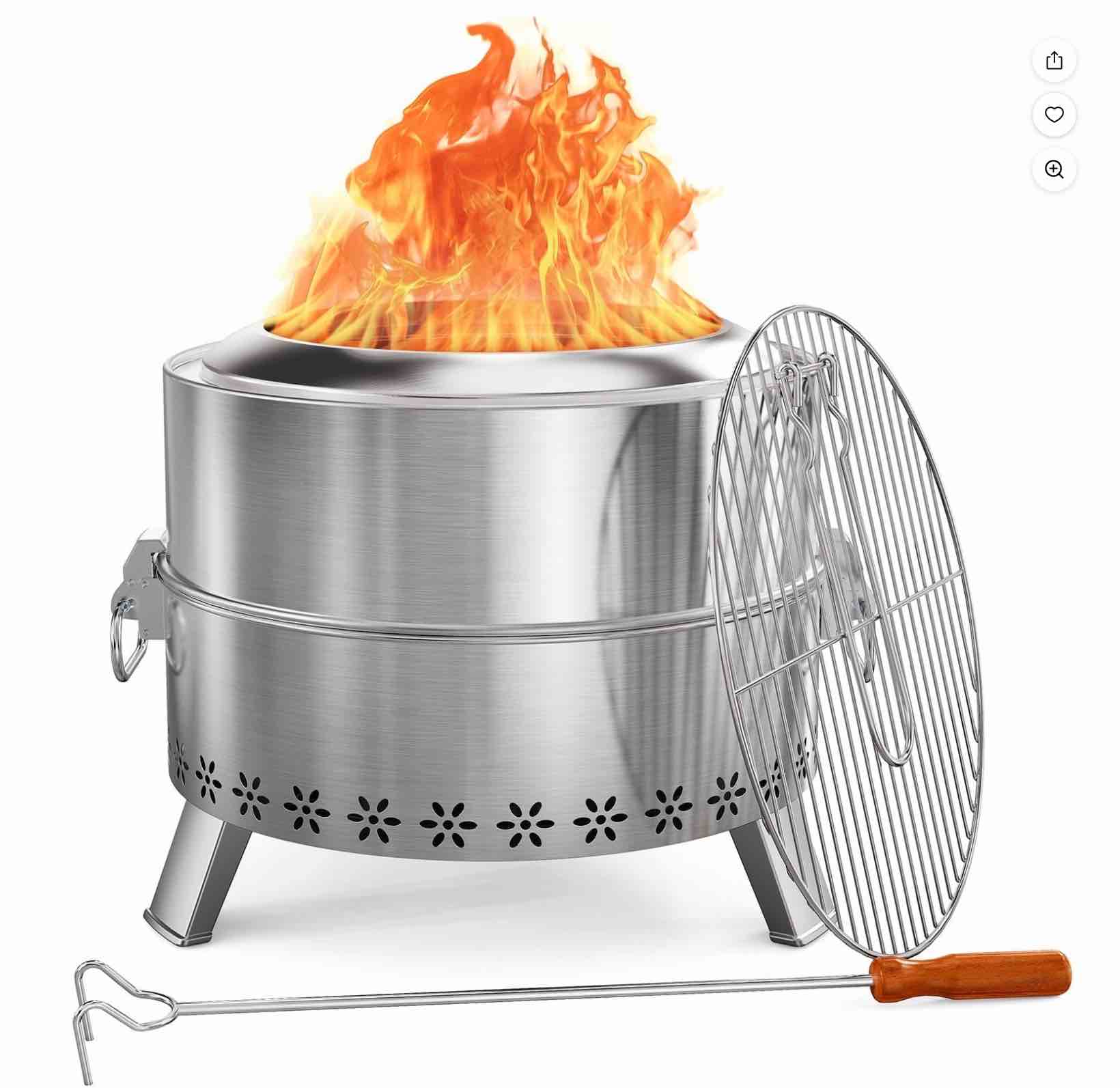 19  Smokeless Fire Pit for Outside  Stainless Steel Wood Burning Fire Pit with Foldable Legs  Grill  Poker  Carry Bag