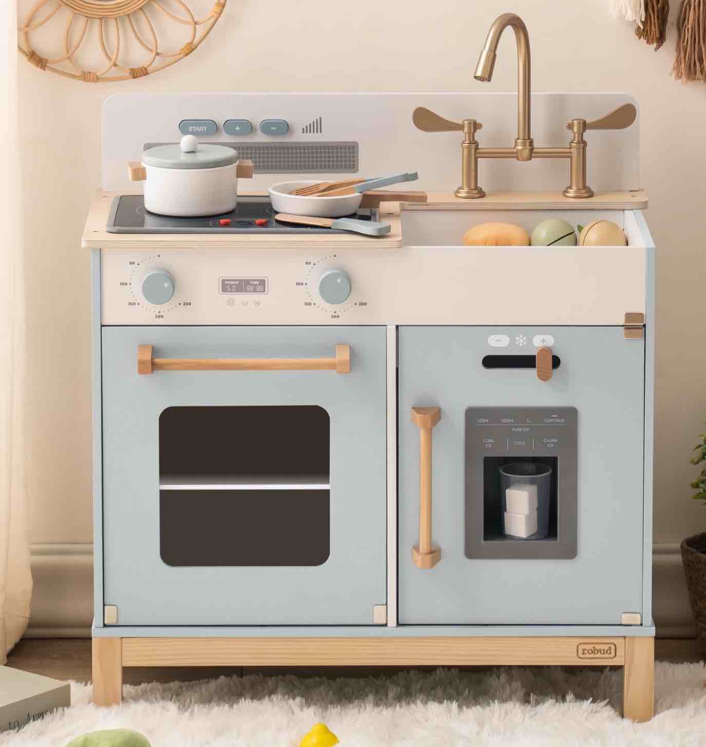 Robud Play Kitchen for Toddlers,Wooden Kids Play Kitchen Playset with Lights & Sounds/Ice Cube Dispenser,Pretend Play Montessori Toy Kitchen, Gift for Ages 3+,Blue