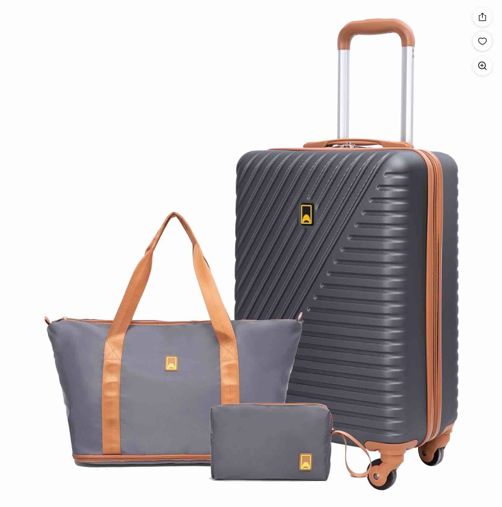 Landisun 3 Piece Carry-on Luggage Sets, Hardside Suitcase Set with Spinner Wheels, Portable Travel Bag and Toiletry Bag, Gray 