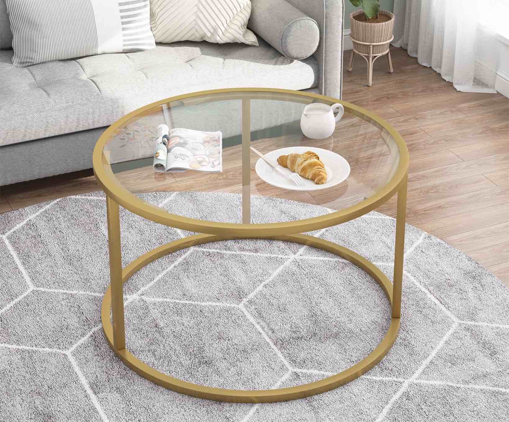 glass coffee table,round gold coffee table for small space,27" modern center table,glass top clear coffee table with sturdy metal frame for for living room home office, easy assembly
