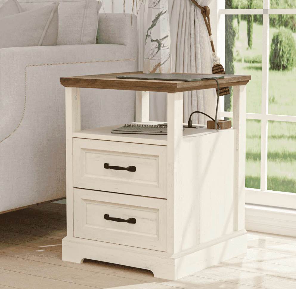 Hommpa Farmhouse End Tables for Living Room, Nightstand with Charging Station, Rustic Sofa Side Table with 2 Drawers and Storage Shelf, Bedside Cabinet for Bedroom, White