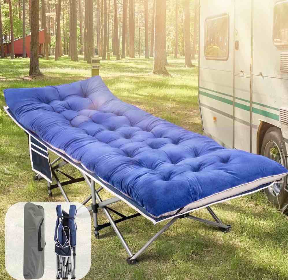 Qunler 75 x 28in Camping Sleeping Cot for Adults & Kids with Double-Sided 4in Extra Thick Mattress Portable Folding Camp Cot, Blue