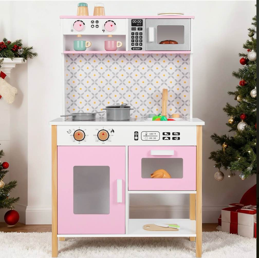 Wisairt Pretend Play Kitchen Set, Wooden Kitchen for Kids w/ Stove, Sink, Oven, Microwave, Coffee Maker Gift for Boys Girls Age 3-8, Pink