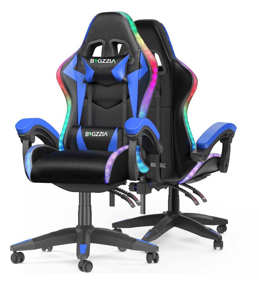 Bigzzia Gaming Chair with LED Lights, Computer Chair with Lumbar Support, Ergonomic High Back Video Game Chair with Swivel Seat and Headrest, Blue