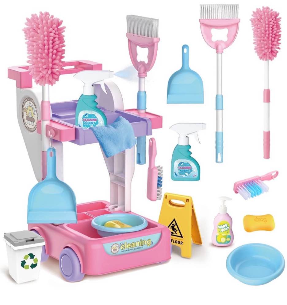 JoyStone Kids Cleaning Set Toys, 20PCS Pretend Play Housekeeping Supplies Kit Complete Includes Sweeping Broom, Duster, Dustpan, Brush, Rag, Housekeeping Cart Toys Gift for Kids, Pink