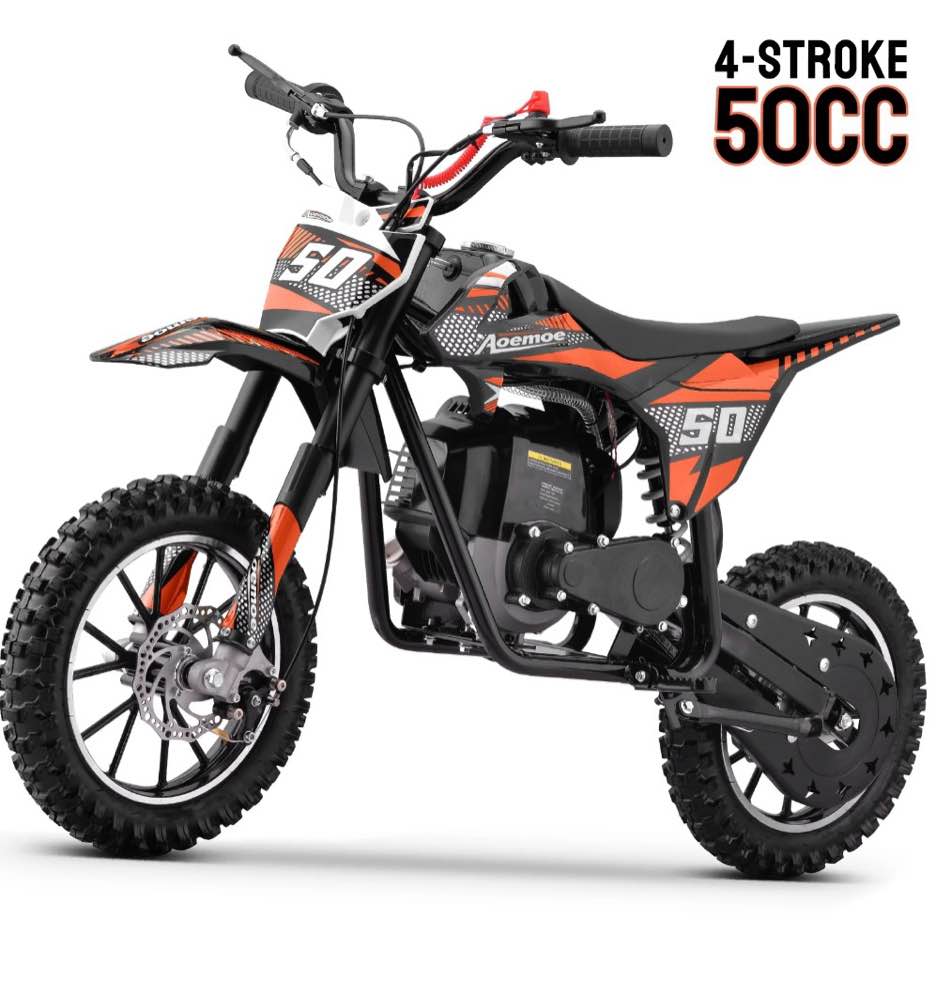 Aoemoe Gas Dirt Bike, 50cc 4-Stroke Gas Powered Kids Off Road Motorcycle (Model-DB4S004) with Off-Road Tire, Suspensions, Disc Brakes, Max Load 165Lbs, Up to 25Mph, NO OIL MIX REQUIRED
