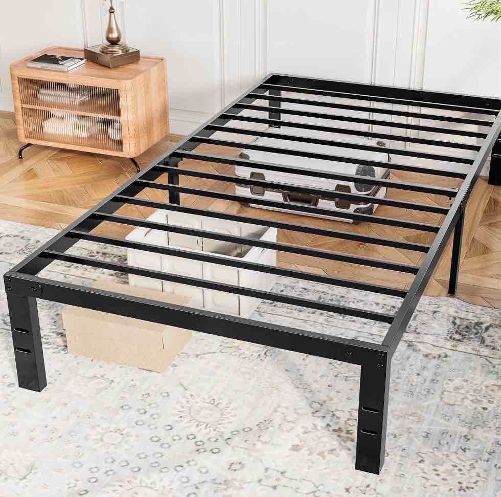 concetta 14" twin bed frame, heavy duty metal platform bed frame with underbed storage for bedroom, no box spring required, black