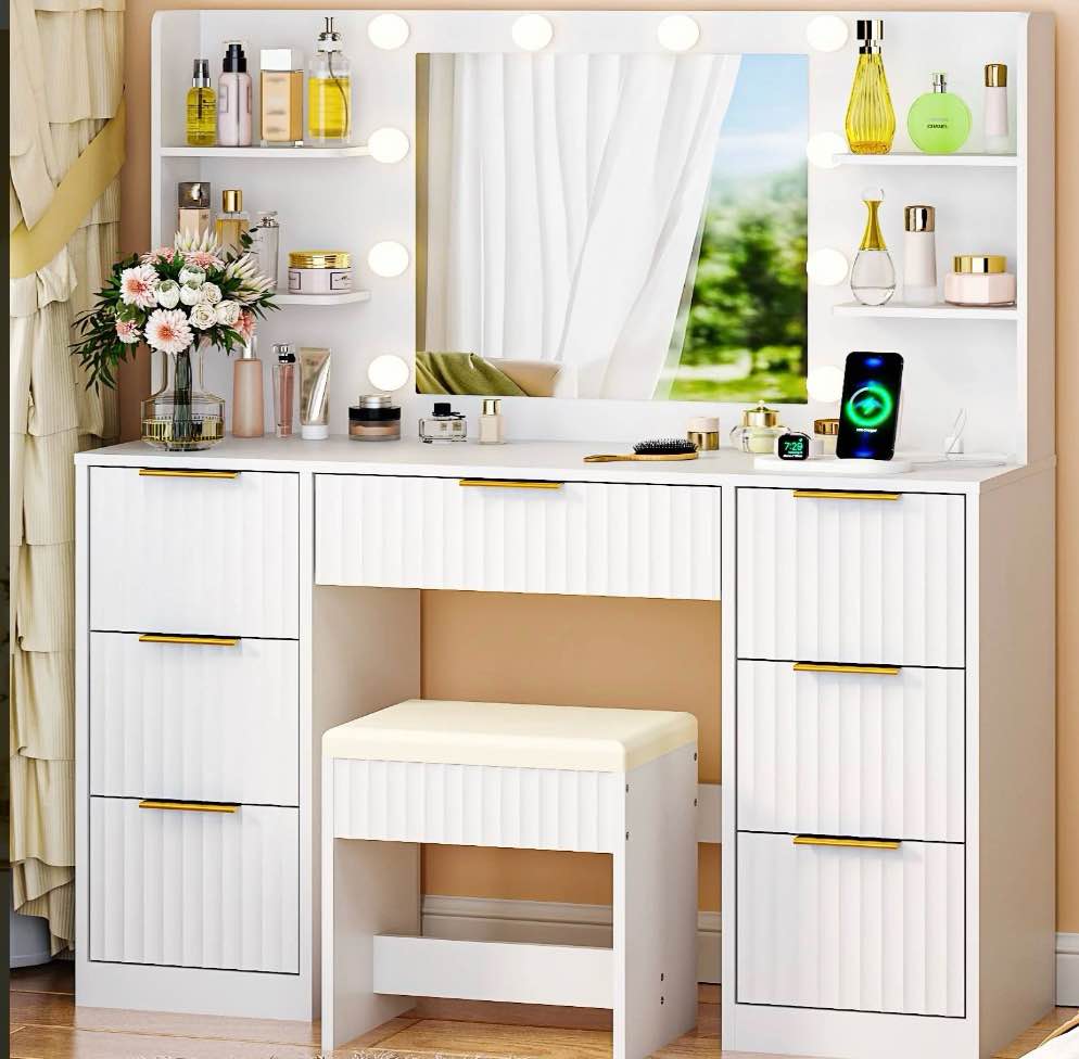 ktaxon get ready with me grwm makeup vanity set with 3 color lighted mirror & charging station, dressing table w/ 7 drawers for femal gift, white