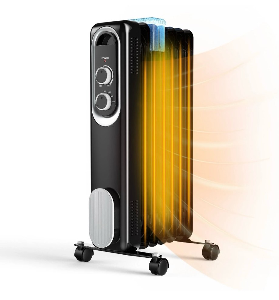edx basic electric oil filled radiator, 1500w space heater with adjustable thermostat, black, 22.83 x 11.81 x 4.92 in