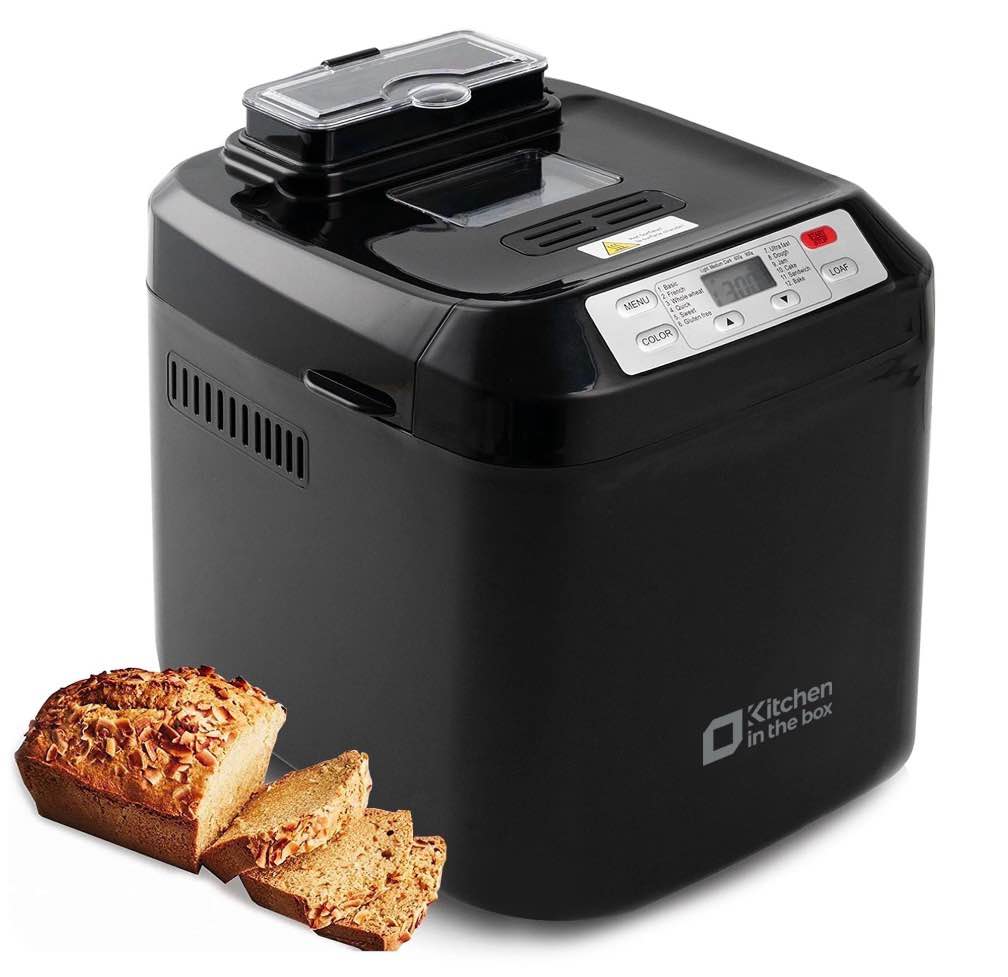 Kitchen in the Box 2lb Bread Maker with Auto Fruit Nut Dispenser, 12-in-1 Gluten-Free Bread Machine, 13H Delay Timer, Nonstick Pan, Keep Warm, Black