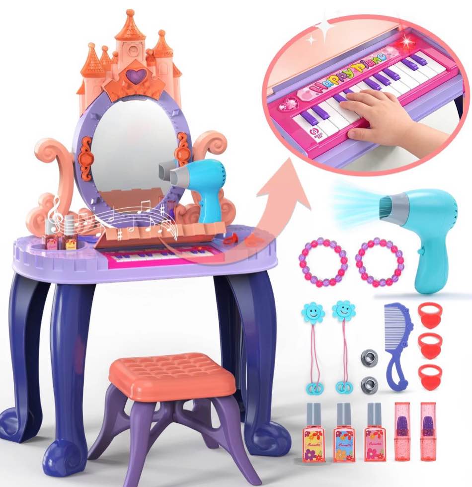 JoyStone Toddler Makeup Table and Chair Set with Mirror, Lights, Music and Accessories, Durable Plastic Princess Vanity Toy for Ages 3-6