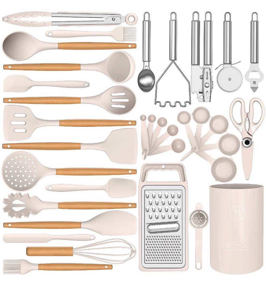 35 Silicone Cooking Utensils Set - 446°F Heat Resistant Silicone Kitchen Utensils for Cooking, Kitchen Utensil Spatula Set w Wooden Handles and Holder, BPA FREE Gadgets for Non-Stick Cookware (Khaki)