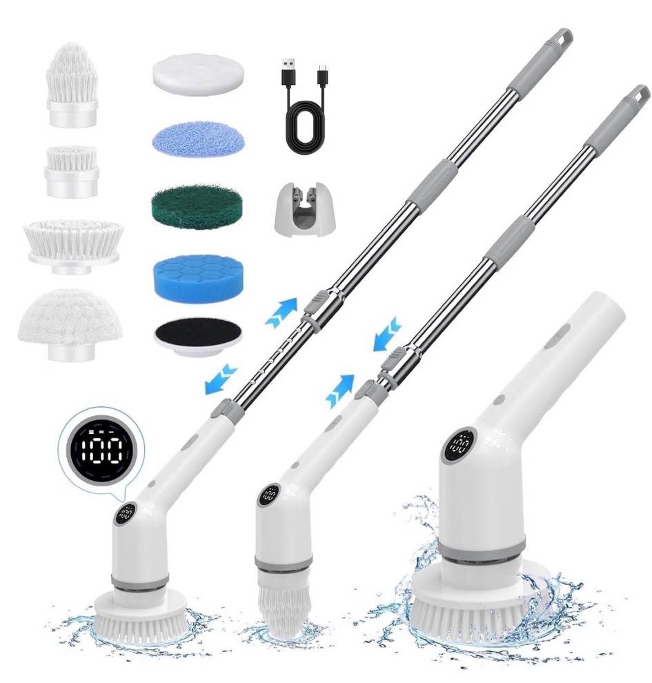 SZRSTH Electric Spin Scrubber, 450RPM Cordless Power Scrubber with Adjustable Handle 8 Heads Shower Cleaning Brush for Bathroom Floor