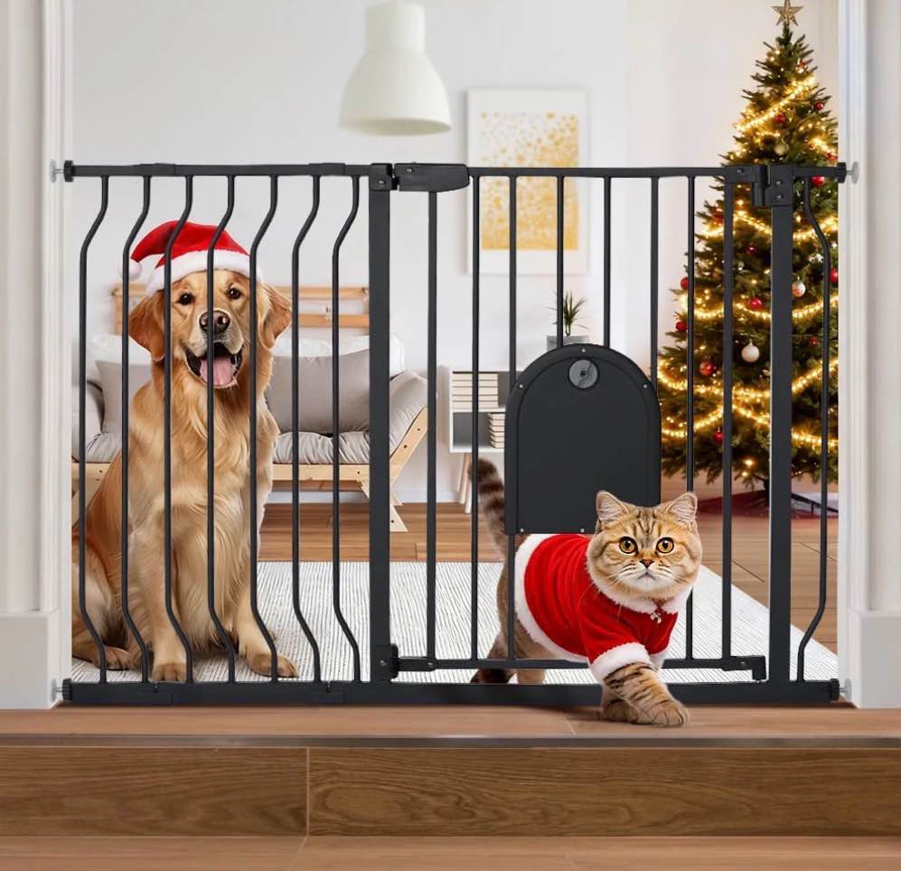 Caveen 29.5-48.4" Wide Pet Safety Gate with Cat Door Pressure Mount, Black