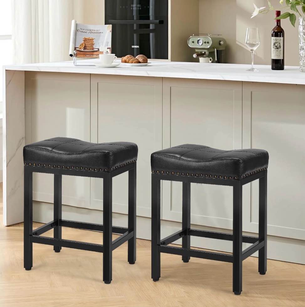 edx Bar Stools Set of 2, Modern Counter Height, 24 Inch Kitchen Barstools with Metal Base, PU Leather Saddle Seats for Kitchen Island, Black