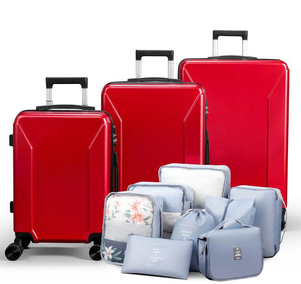 zimtown 3-piece luggage set with 8 packing cubes, hard shell suitcases with spinner wheels tsa lock, red