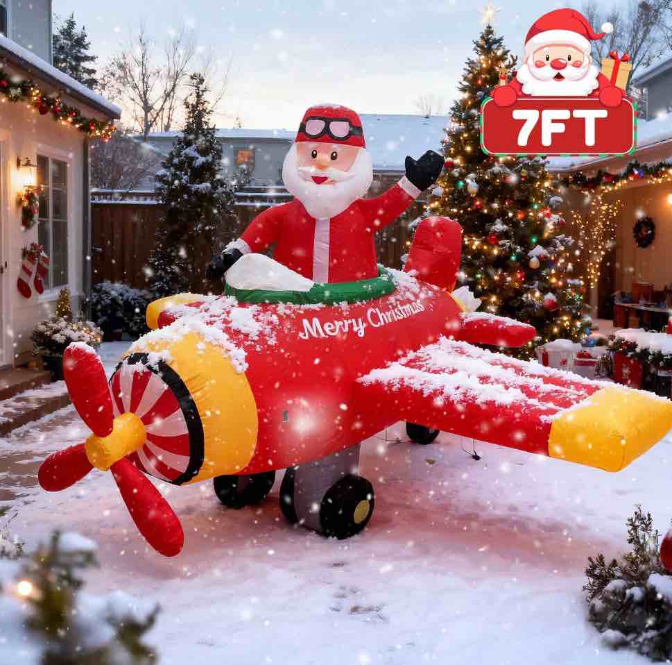 beeprincess 7ft santa helicopter christmas inflatable – light-up flying santa claus, outdoor christmas yard decoration for lawn, garden, party