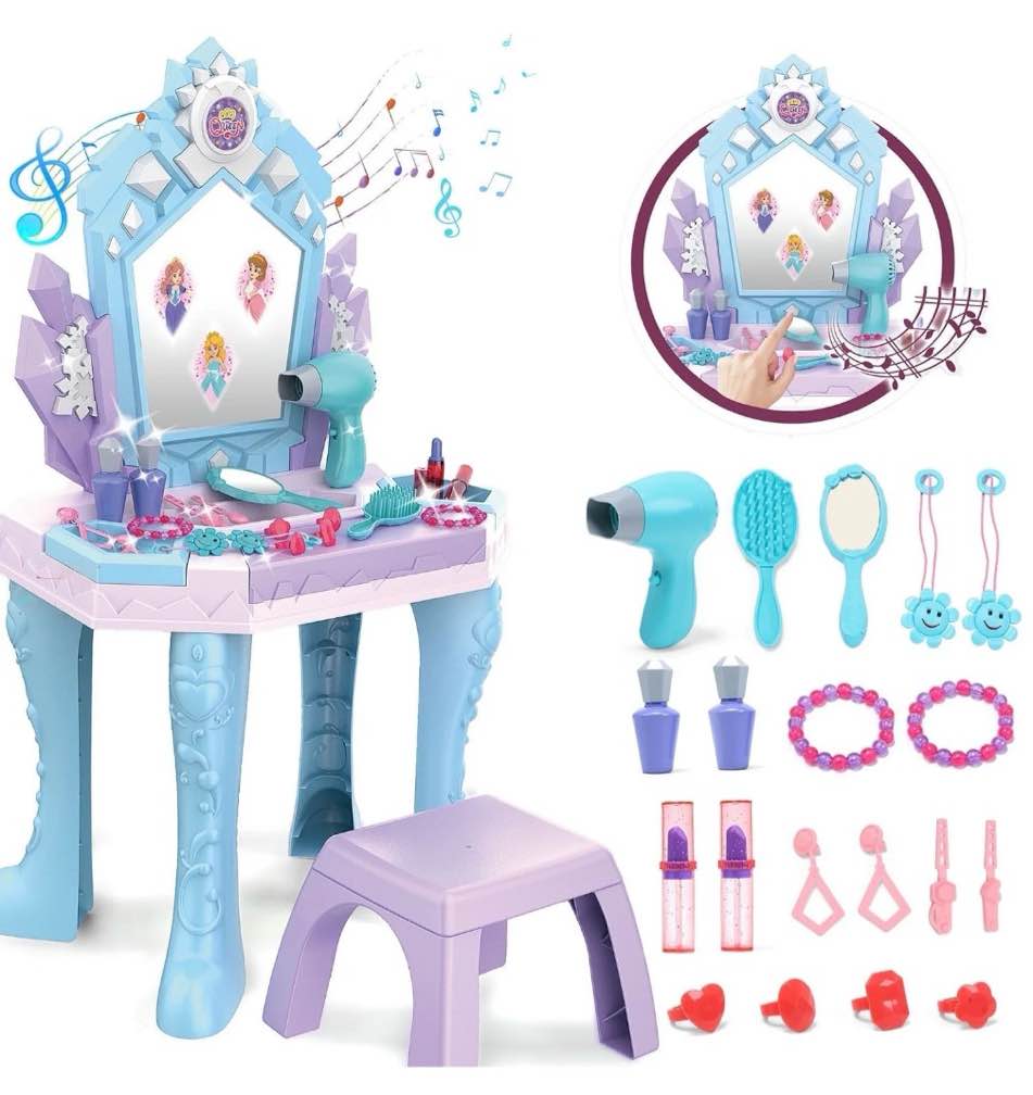 joystone toddler makeup table with mirror and chair, kids makeup vanity set with accessories and lights and music sounds, makeup accessories & blowdryer for toddlers 3+ years old