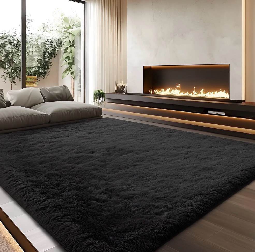 pentantan shag area rugs, 8ft x 10ft soft fluffy indoor carpet for living room bedroom decor, black