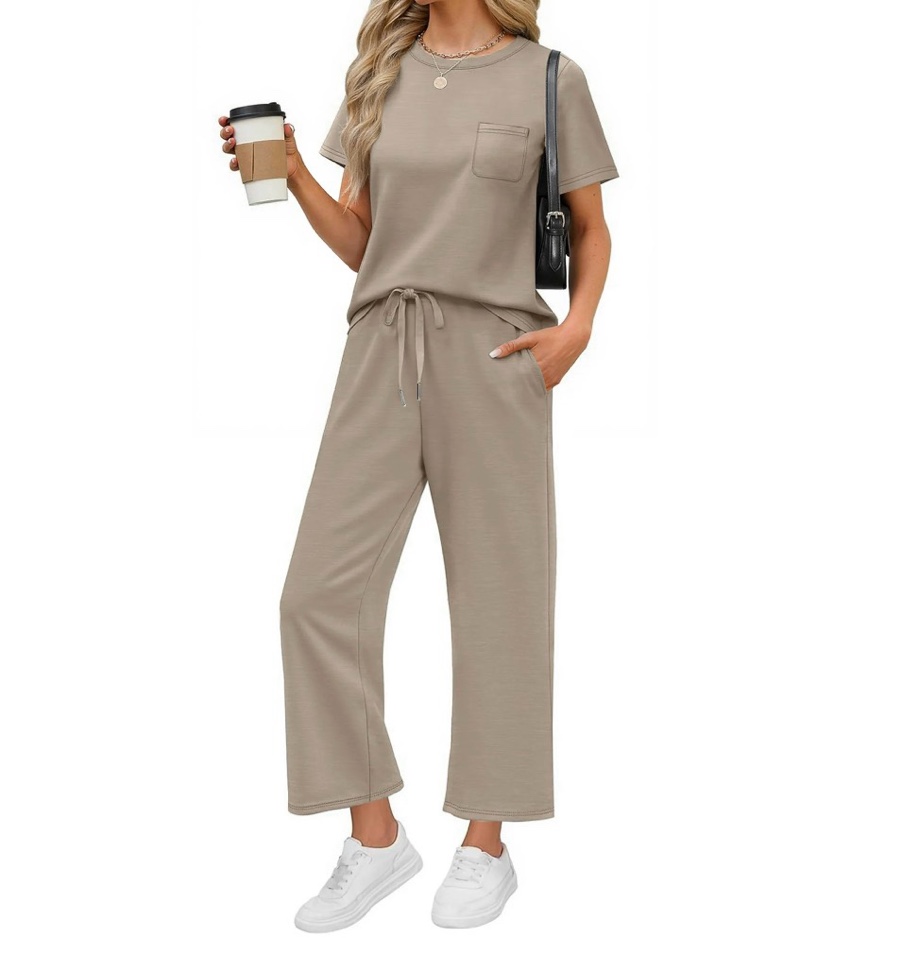 fantaslook 2 piece sets for women casual summer travel vacation outfits short sleeve tops wide leg pants lounge sets size l
