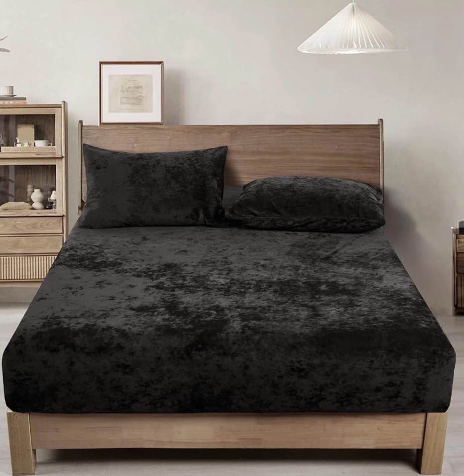 phf truly velvet fitted sheet twin size, luxury super soft flannel  bottom sheet with 15" deep pocket for winter, black