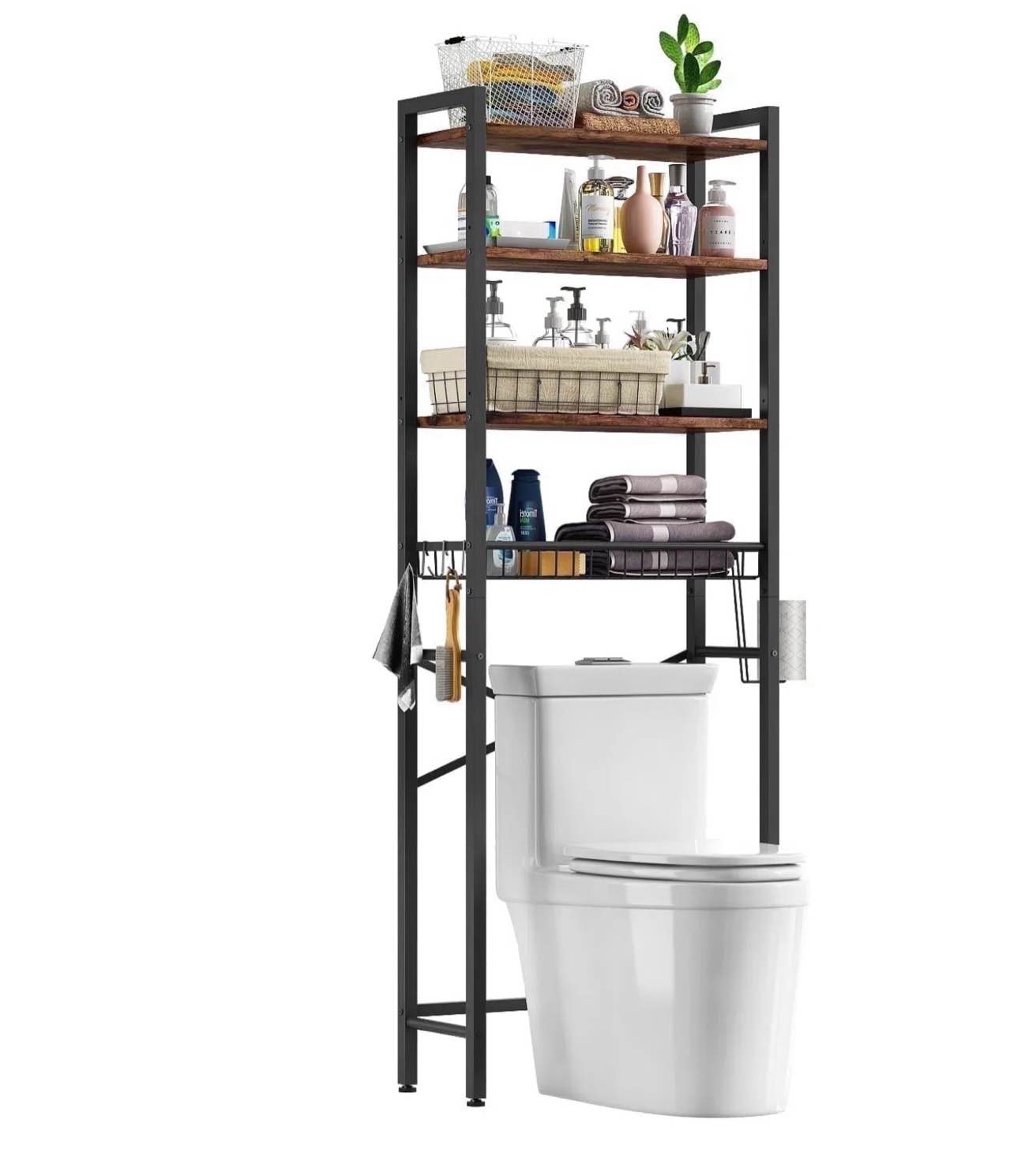 biemlerfn over the toilet storage shelf, 4-tier wooden bathroom organizer adjustable saver space rack with toilet paper holder, vintage brown