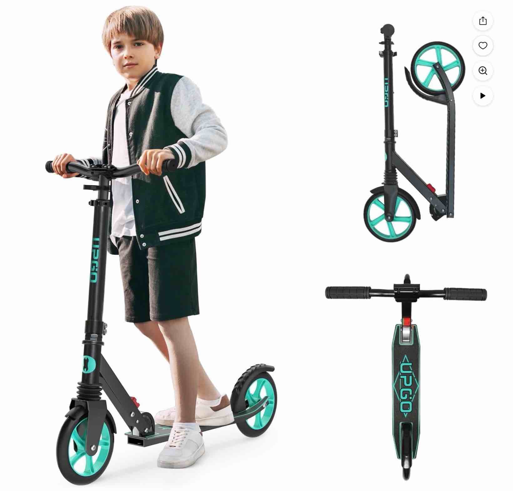 upgo kick scooter for teens, kids & adults, max 240 lbs, foldable, 8-inch wheels, 4 adjustable levels, aqua