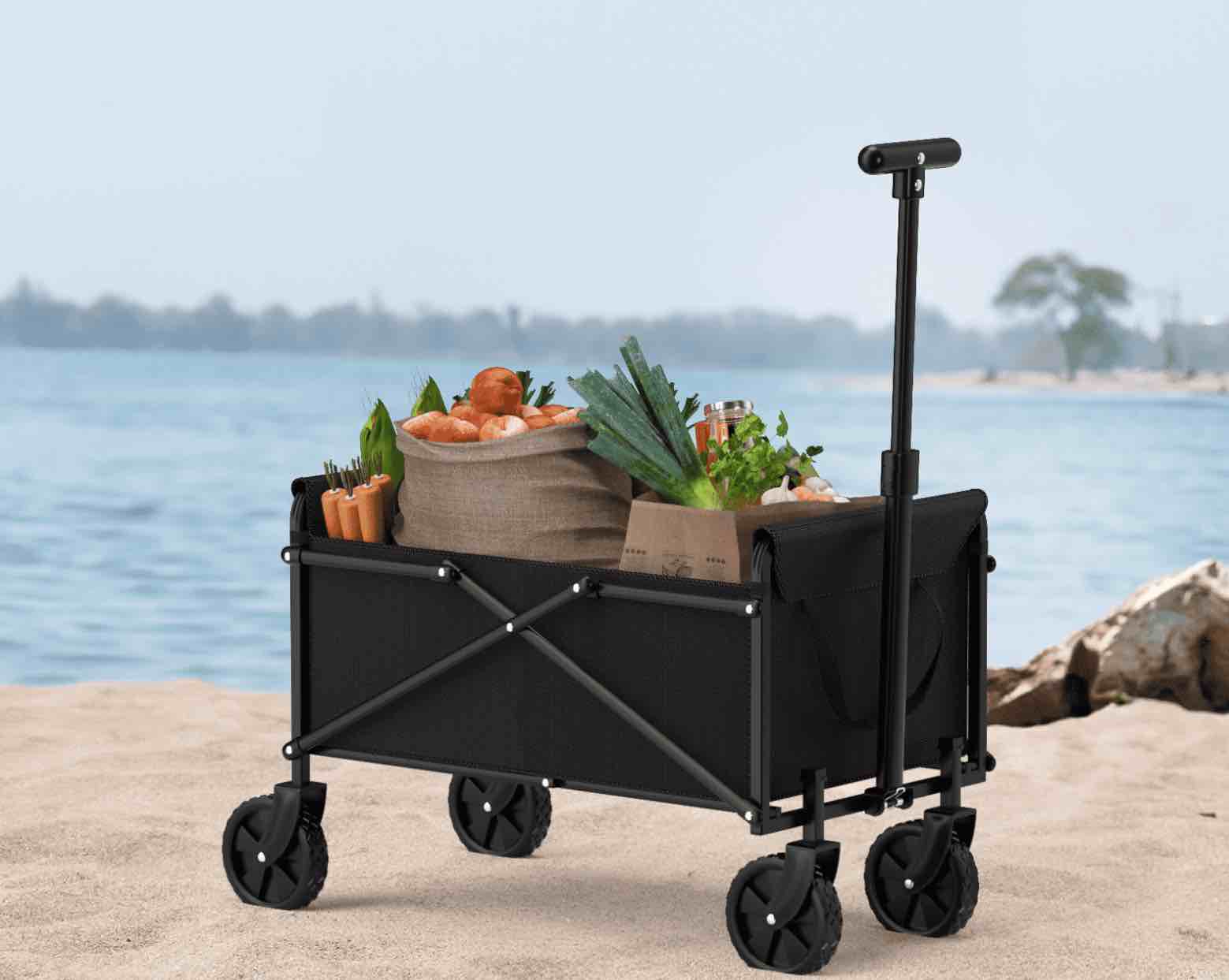 foldable wagon cart with wheels for grocery sports garden shopping camping?black