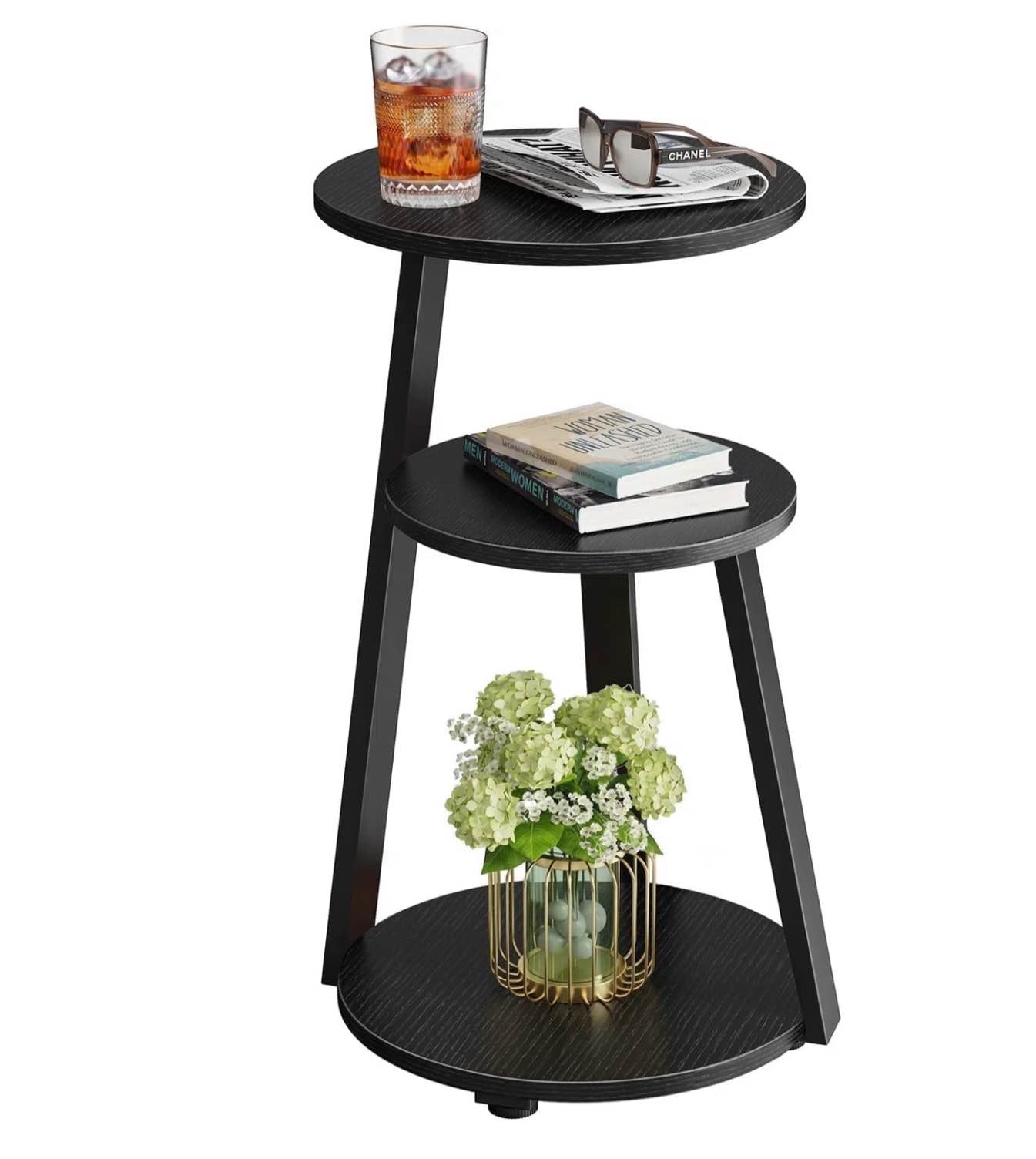 biemlerfn end side table, round sofa table with metal frame, 3-tier coffee table nightstand for home, black