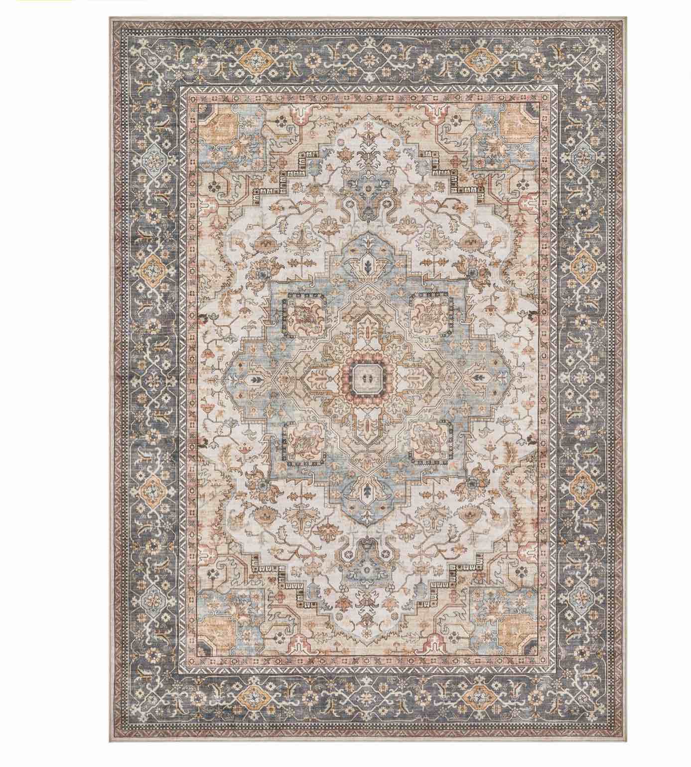 uermei 8'x10' washable area rugs for living room, vintage floral boho printed carpet, non slip indoor large rugs for bedroom home decor carpets, with 6pcs rug tape - black/sage/brown